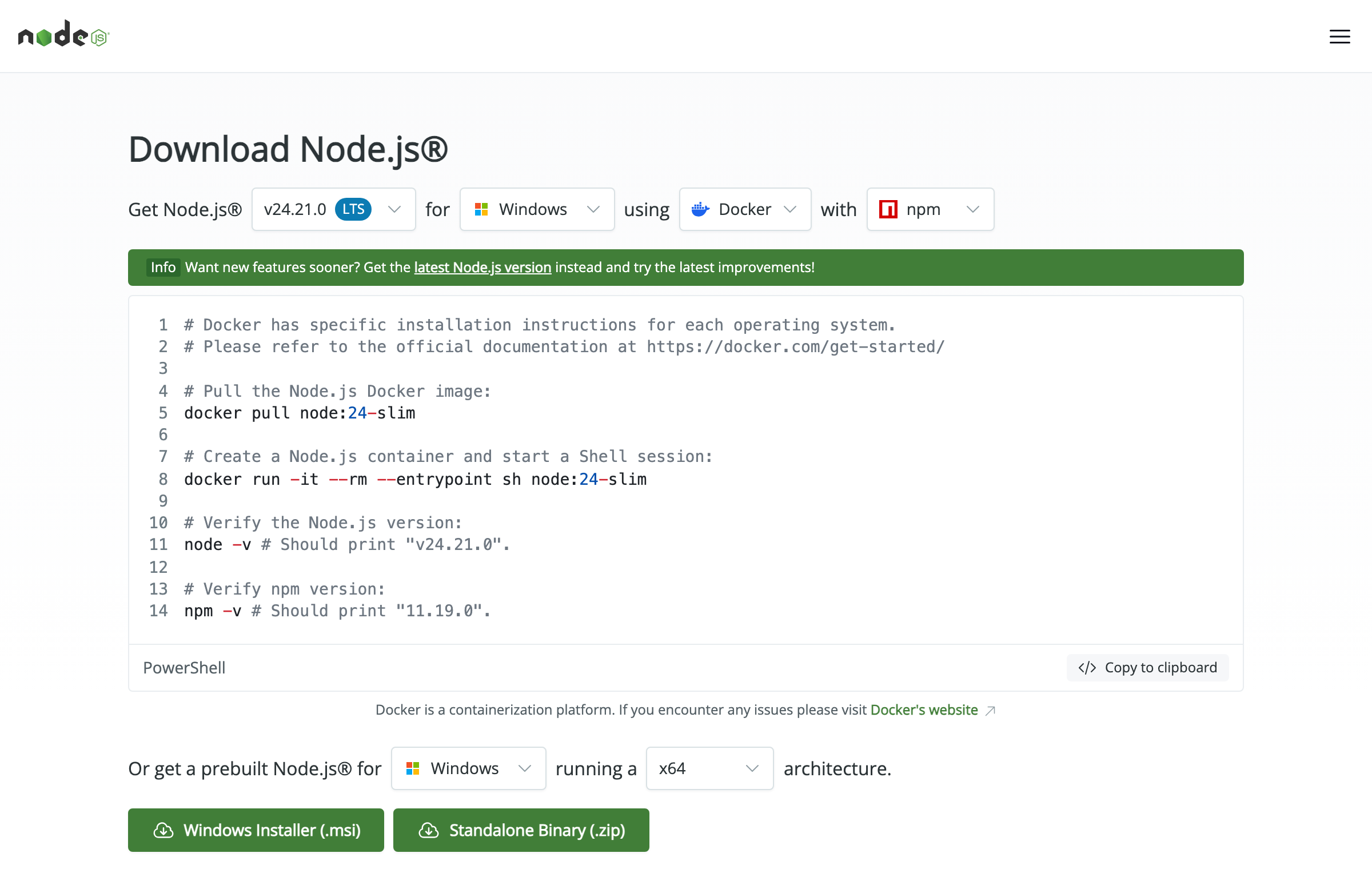 Страница загрузки Node.js: версия v24.21.0 LTS, система Windows, внизу кнопки Windows Installer (.msi) и Standalone Binary (.zip)