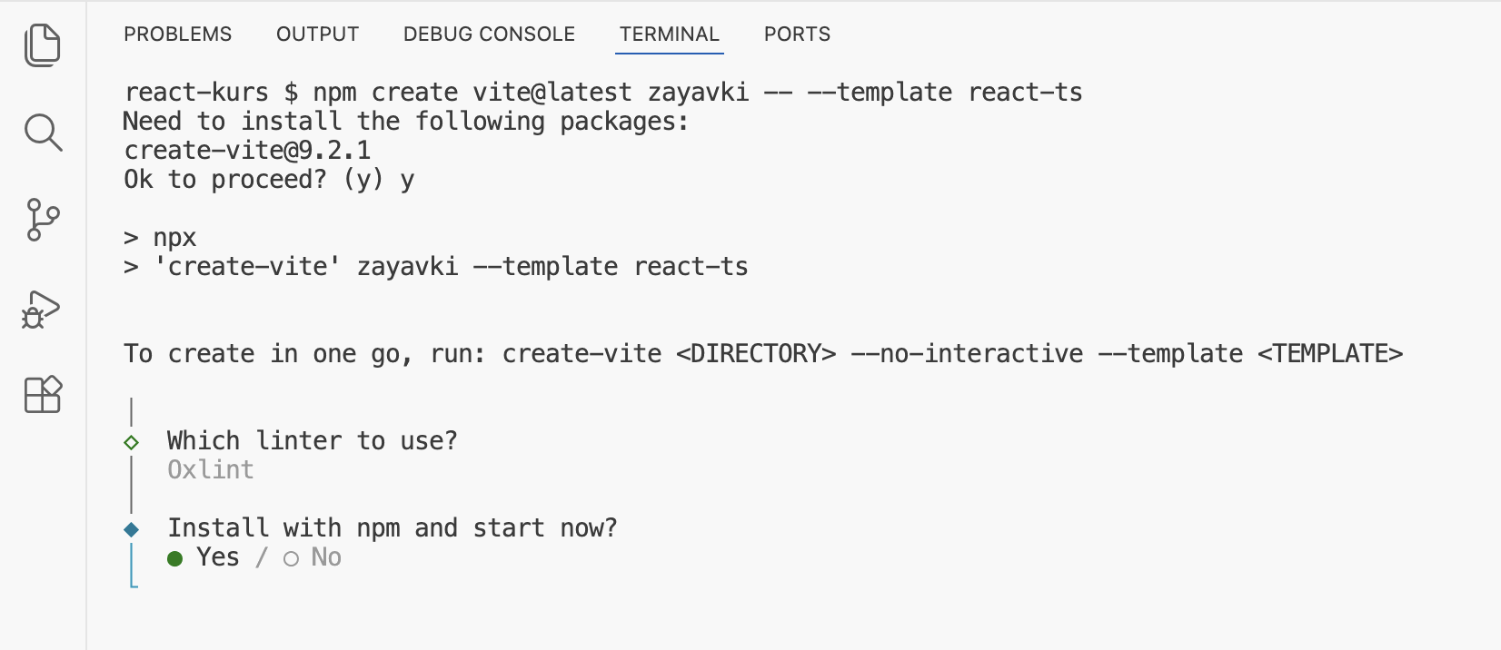 Терминал: Which linter to use? Oxlint; Install with npm and start now? Yes / No