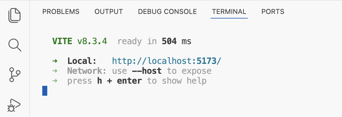 Терминал: VITE v8.3.4 ready in 504 ms; Local: http://localhost:5173/; Network: use --host to expose; press h + enter to show help