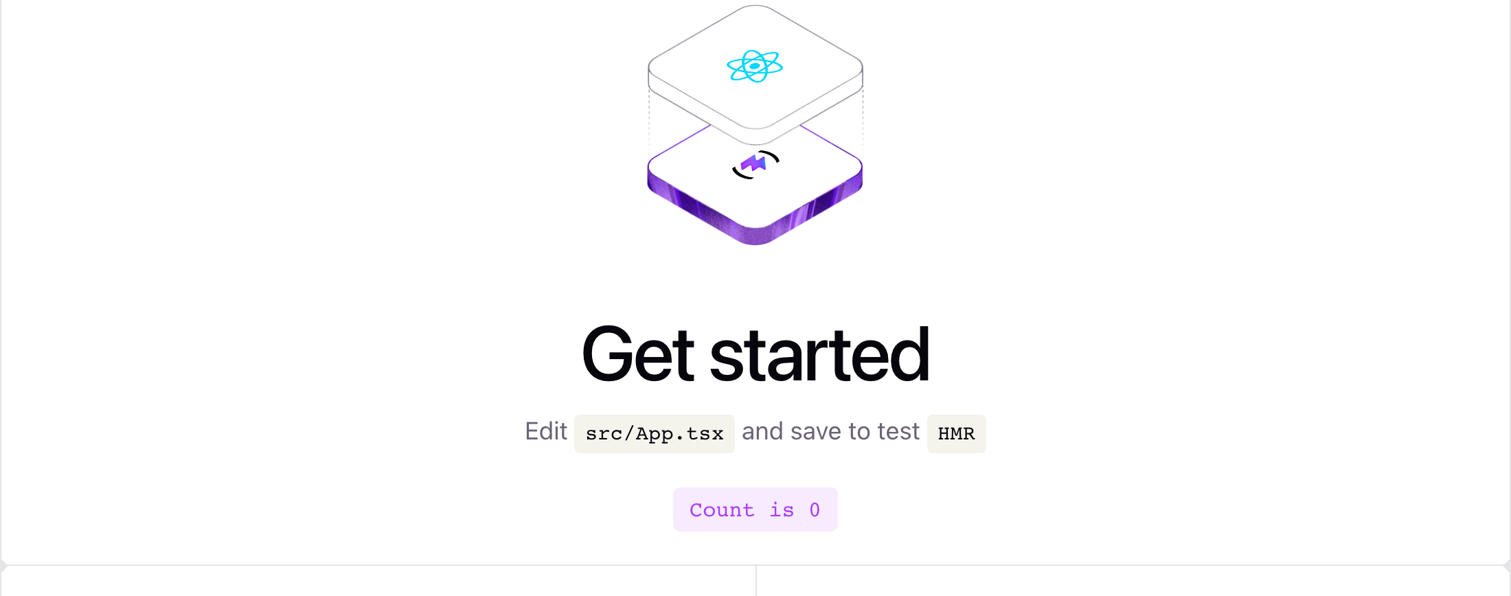 Стартовая страница шаблона Vite и React: логотипы, заголовок Get started, подсказка Edit src/App.tsx and save to test HMR, кнопка Count is 0, блоки Documentation и Connect with us