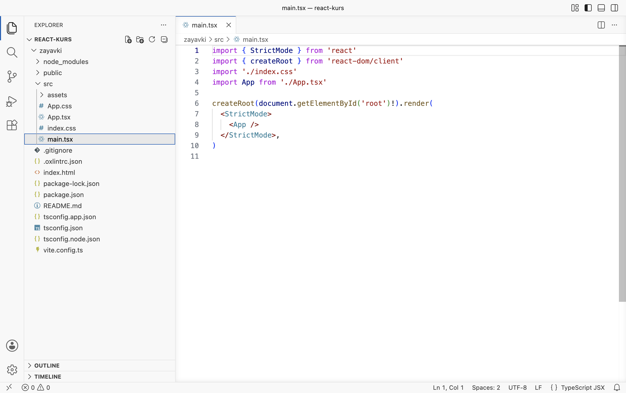 VS Code: проводник с деревом проекта zayavki и открытый файл src/main.tsx