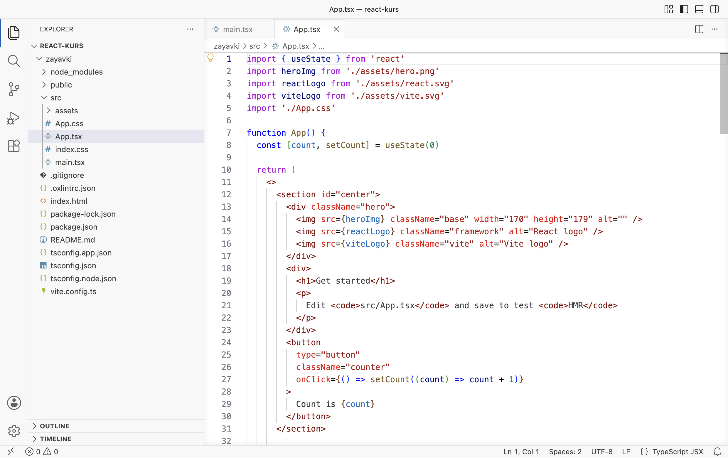 VS Code: открыт файл src/App.tsx шаблона, функция App с useState и разметкой section, h1 Get started, кнопкой счётчика