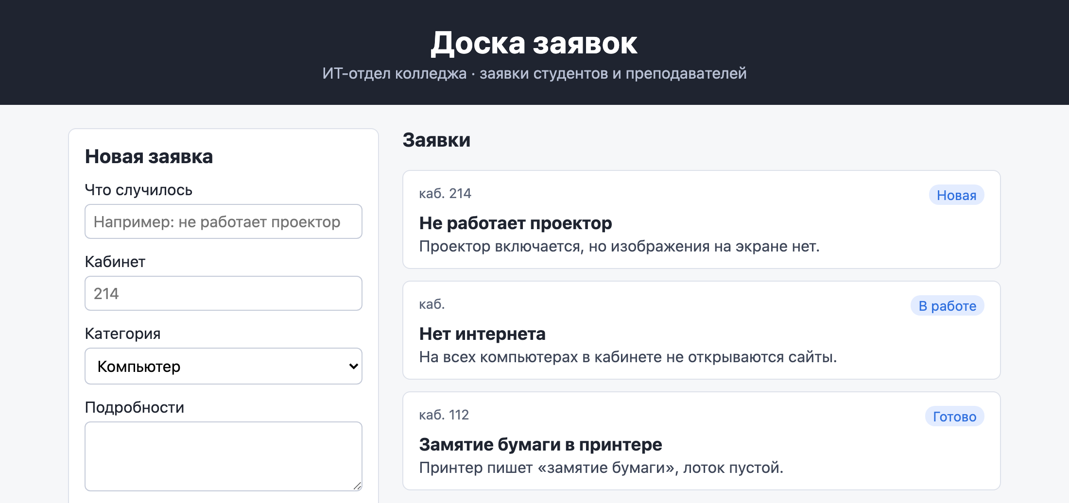 Доска заявок: у второй карточки вместо номера кабинета пусто — только каб.