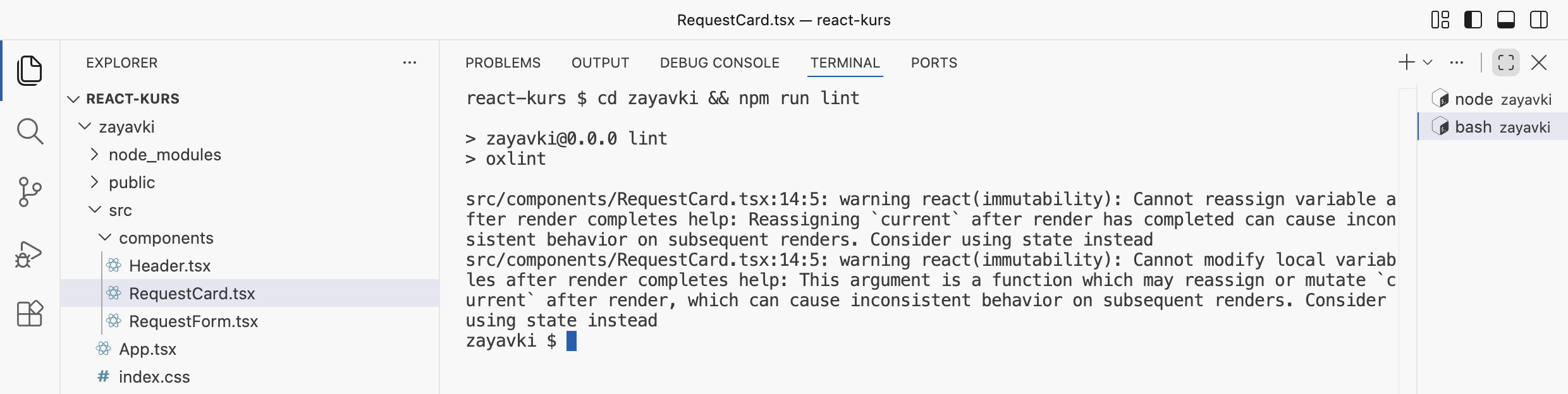 Терминал VS Code: npm run lint выводит два предупреждения react(immutability) для строки 14 RequestCard.tsx