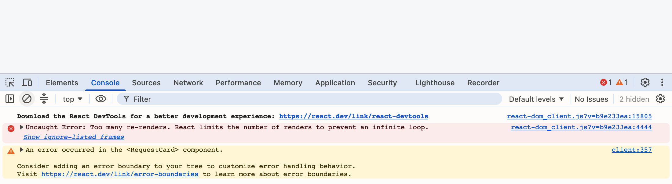 Пустая страница, в консоли ошибка Uncaught Error: Too many re-renders и предупреждение An error occurred in the RequestCard component
