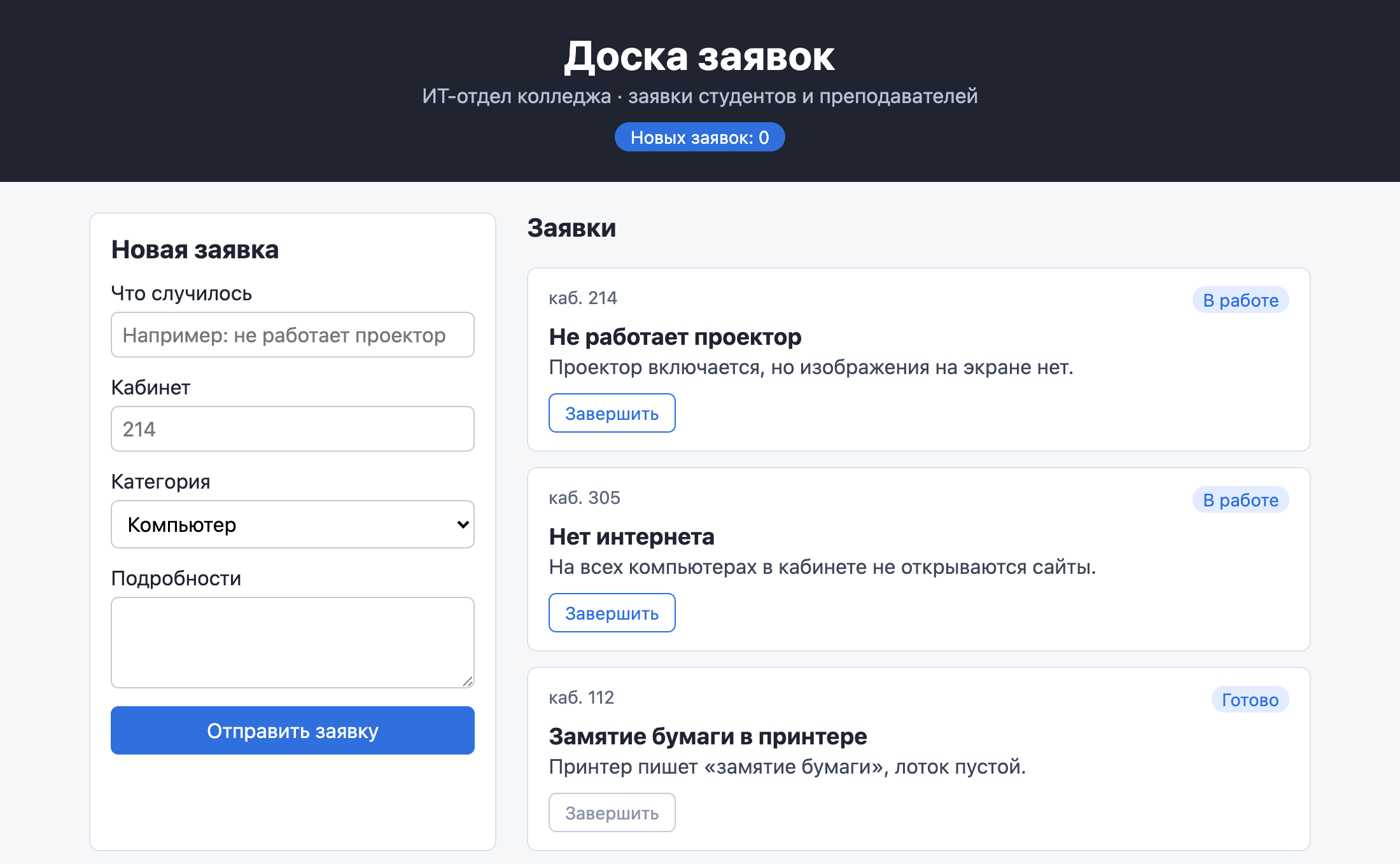 Доска заявок: в шапке Новых заявок: 0, первая карточка В работе с кнопкой Завершить