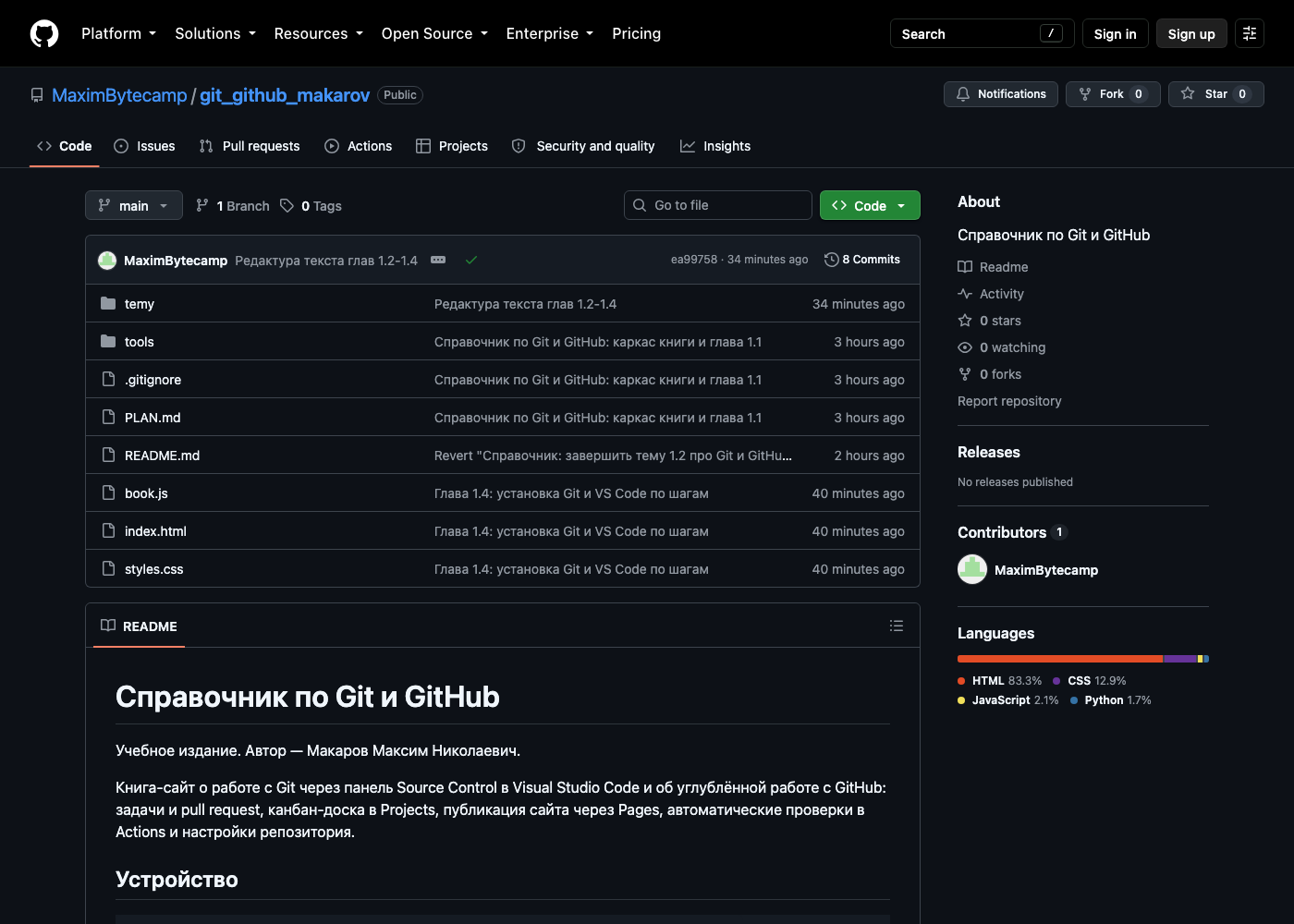 Страница репозитория справочника на GitHub: список файлов и папок, README ниже