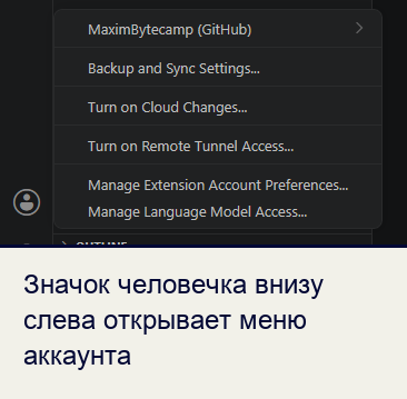 Меню аккаунта в VS Code: значок человечка внизу слева