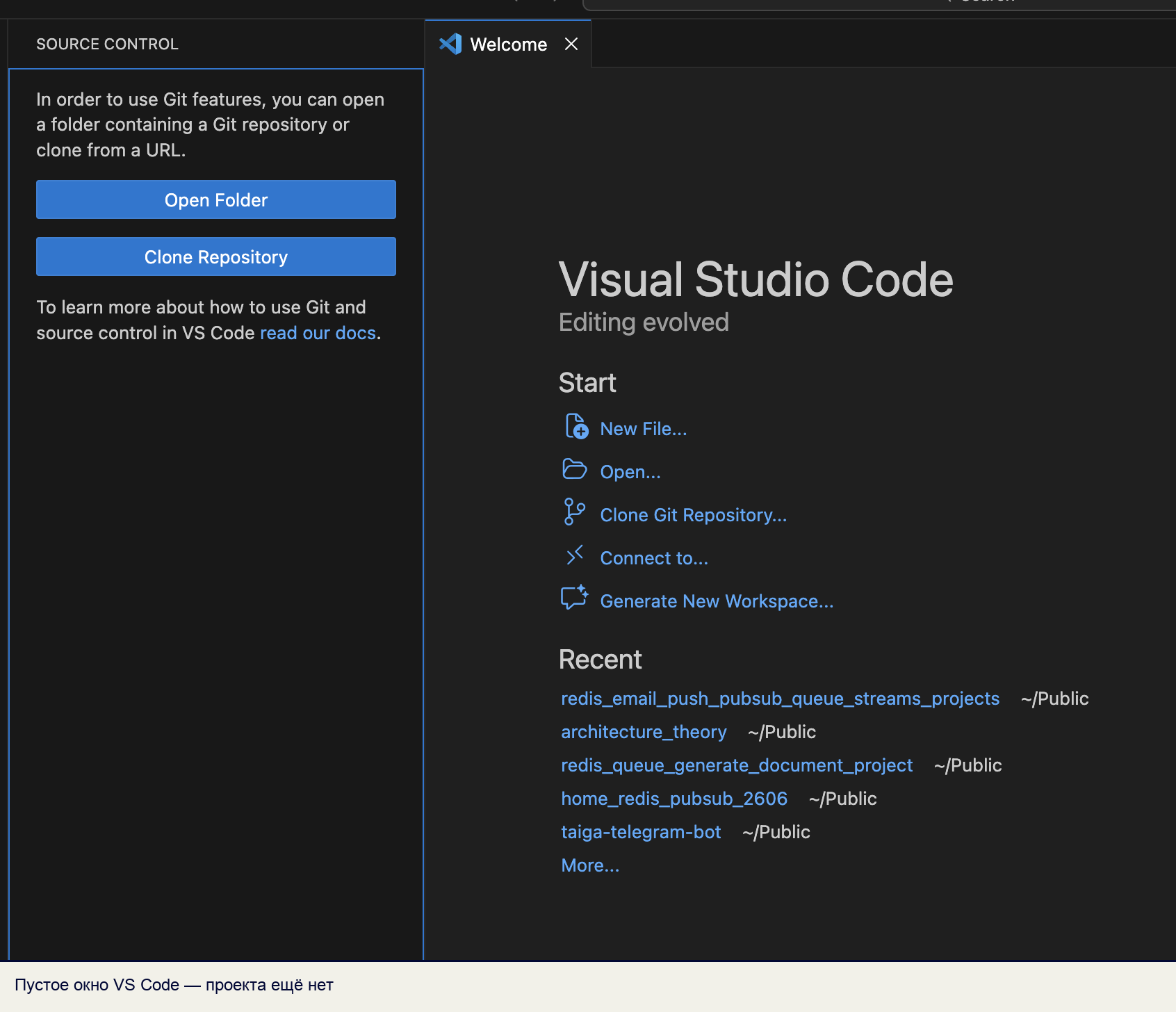 Окно VS Code без открытого проекта: панель Source Control слева, приветственная вкладка справа