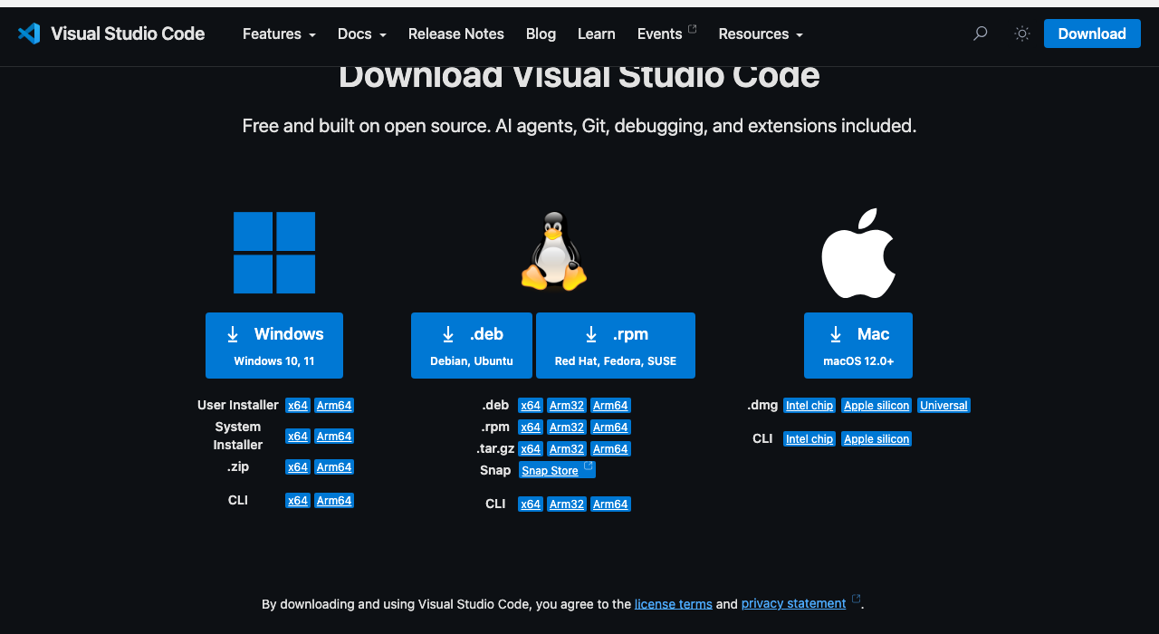 Страница загрузки Visual Studio Code с вариантами для Windows, Linux и Mac