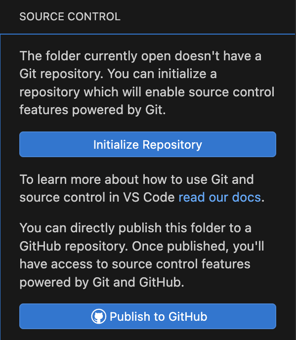 Панель Source Control в пустой папке: текст об отсутствии репозитория, кнопки Initialize Repository и Publish to GitHub