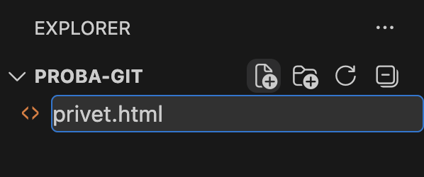 Проводник: в строке PROBA-GIT подсвечен значок New File, под ней поле ввода с именем privet.html