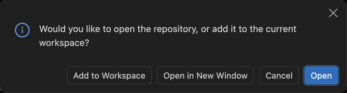 Окно VS Code: Would you like to open the repository, or add it to the current workspace? Кнопки Add to Workspace, Open in New Window, Cancel, Open