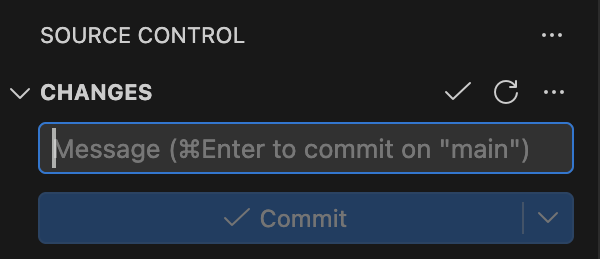 Панель Source Control сразу после клонирования: поле сообщения и неактивная кнопка Commit, списков нет