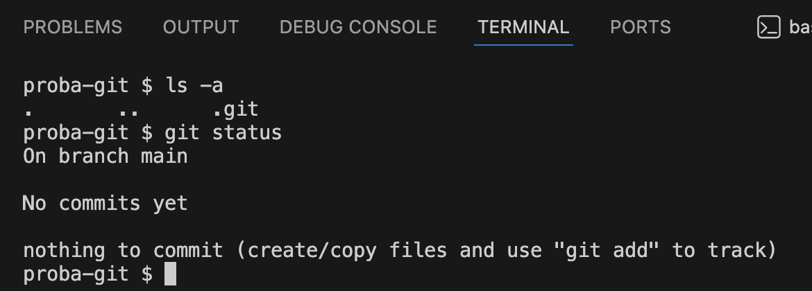 Встроенный терминал VS Code внизу окна: команда ls -a показывает . .. .git, команда git status отвечает On branch main, No commits yet