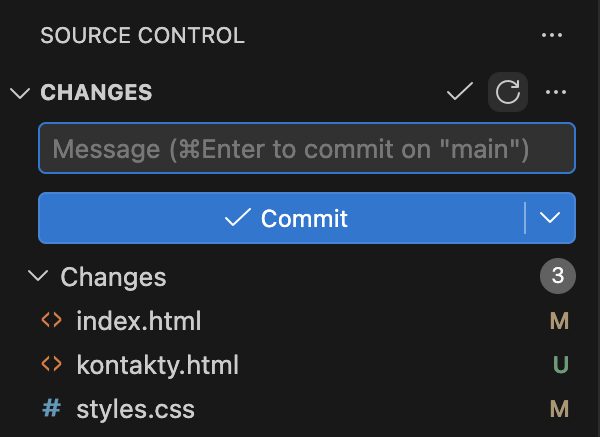 Панель Source Control: раздел Changes с тремя файлами — index.html M, kontakty.html U, styles.css M
