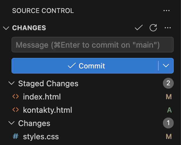 Панель: в Staged Changes два файла — index.html M и kontakty.html A, в Changes остался styles.css