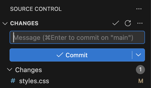 Панель после коммита: раздел Staged Changes исчез, в Changes остался styles.css