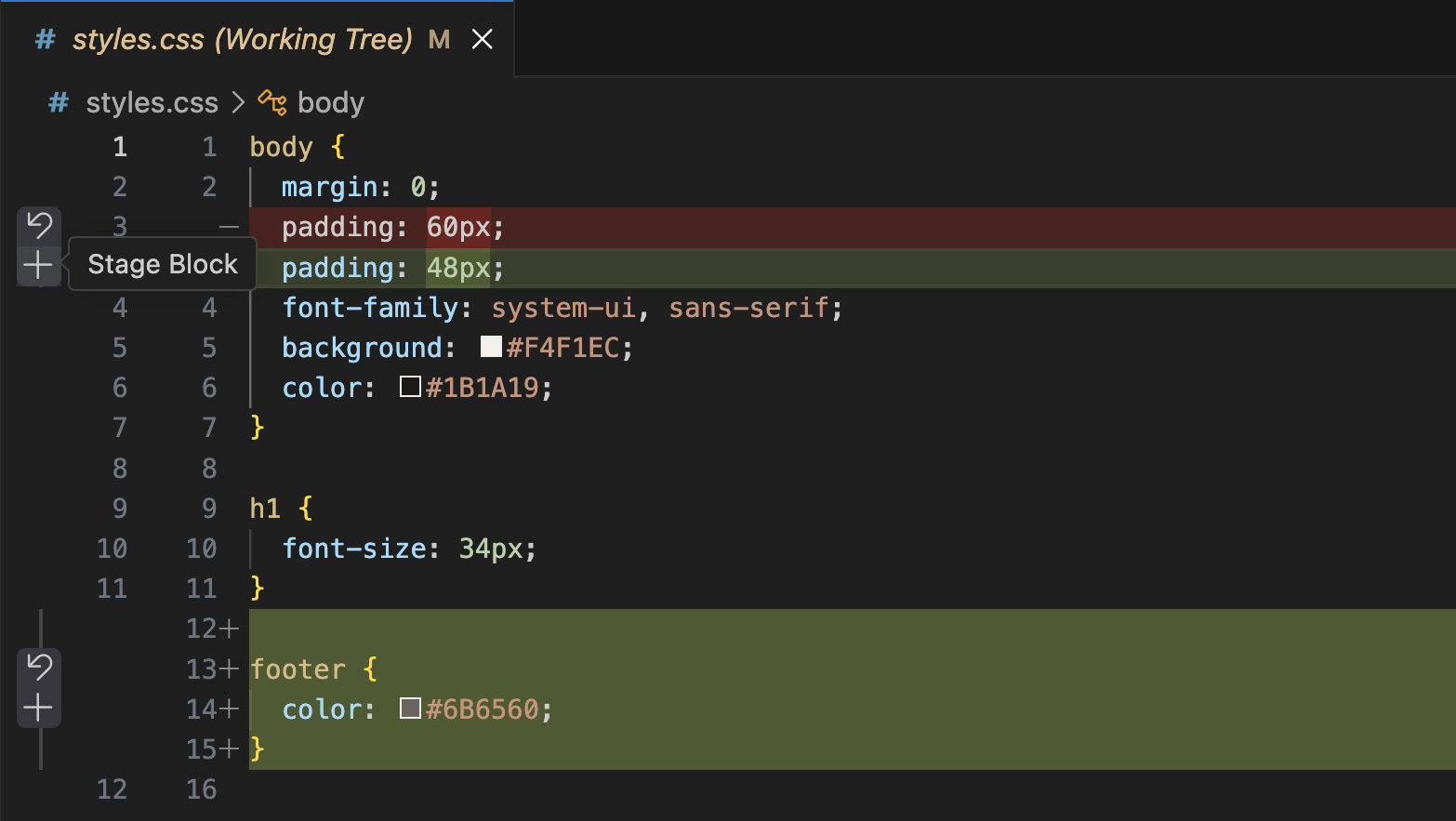 Окно сравнения styles.css: участок padding 60px → 48px с подсказкой Stage Block у значка плюса и ниже добавленный блок footer