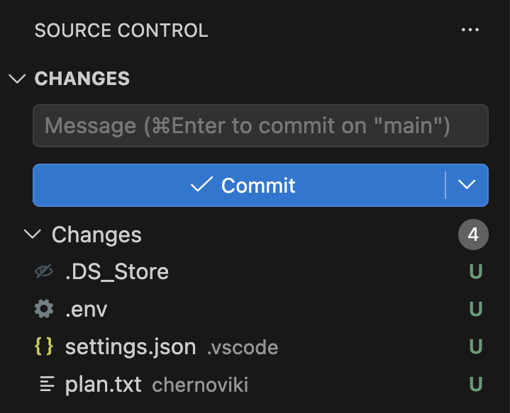 Панель Source Control: в разделе Changes четыре файла — .DS_Store, .env, settings.json из .vscode, plan.txt из chernoviki, у всех буква U