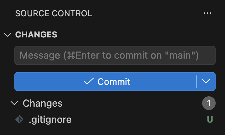 Панель Source Control: в разделе Changes остался один файл .gitignore с буквой U