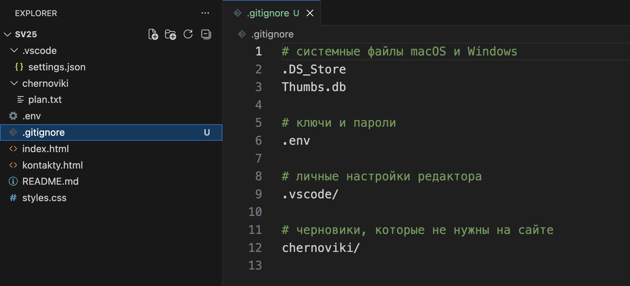 Проводник VS Code и открытый файл .gitignore: папки .vscode и chernoviki и файл .env показаны серым, у .gitignore буква U