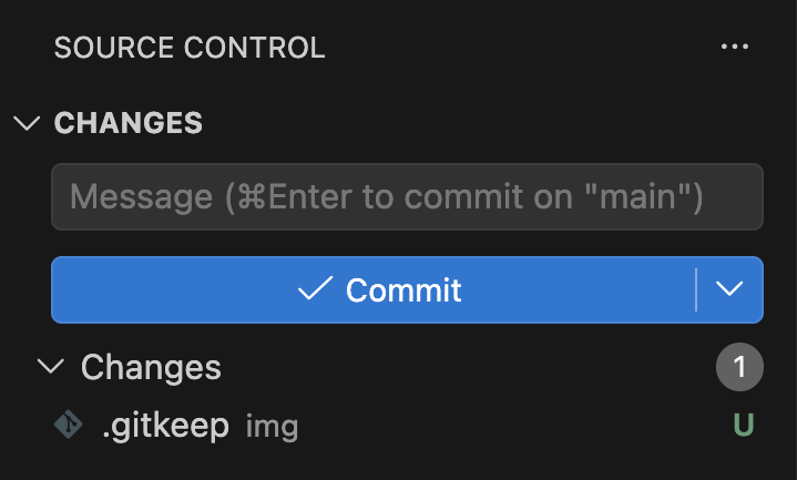 Панель: в разделе Changes файл .gitkeep из папки img с буквой U
