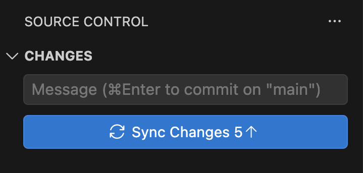 Панель Source Control: списка изменений нет, вместо кнопки Commit кнопка Sync Changes 5↑