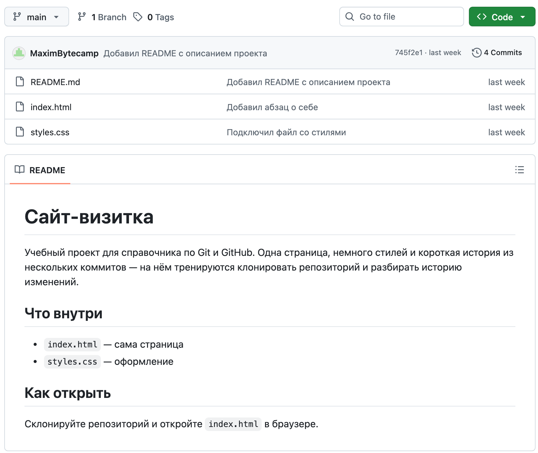 Главная страница репозитория sait-vizitka на GitHub: список из трёх файлов, ниже вкладка README с заголовком «Сайт-визитка» и разделами «Что внутри» и «Как открыть»