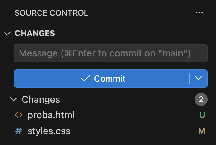 Панель Source Control: в разделе Changes proba.html с буквой U и styles.css с буквой M