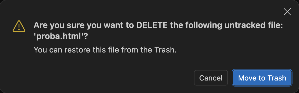 Окно подтверждения: Are you sure you want to DELETE the following untracked file: 'proba.html'? You can restore this file from the Trash. Кнопки Cancel и Move to Trash