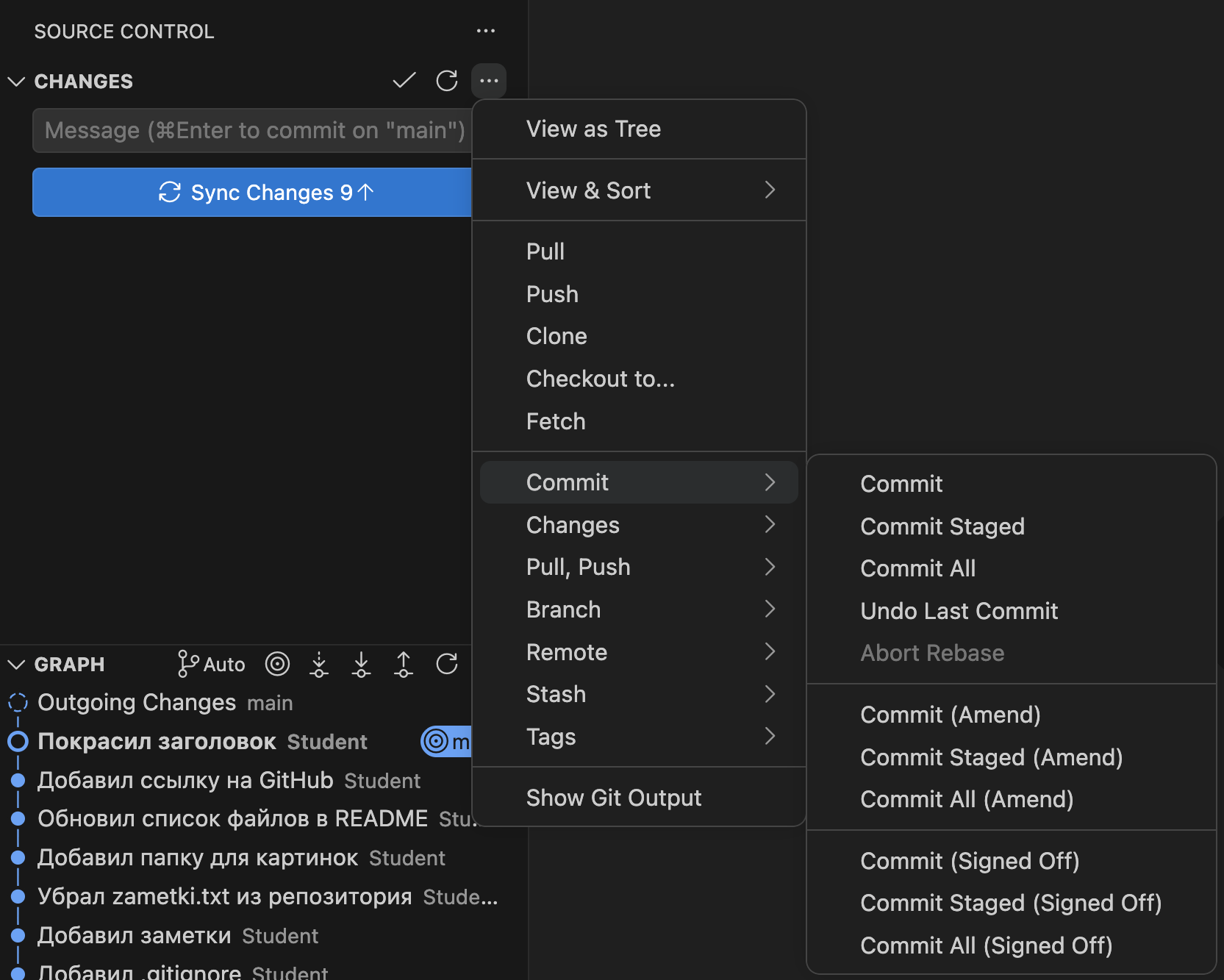Меню «…» раздела CHANGES, подменю Commit с пунктами Commit, Commit Staged, Commit All, Undo Last Commit и вариантами Amend
