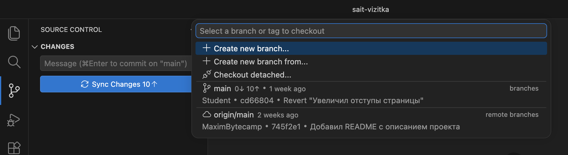 Список веток вверху окна: пункты Create new branch, Create new branch from, Checkout detached, затем ветка main и ветка origin/main