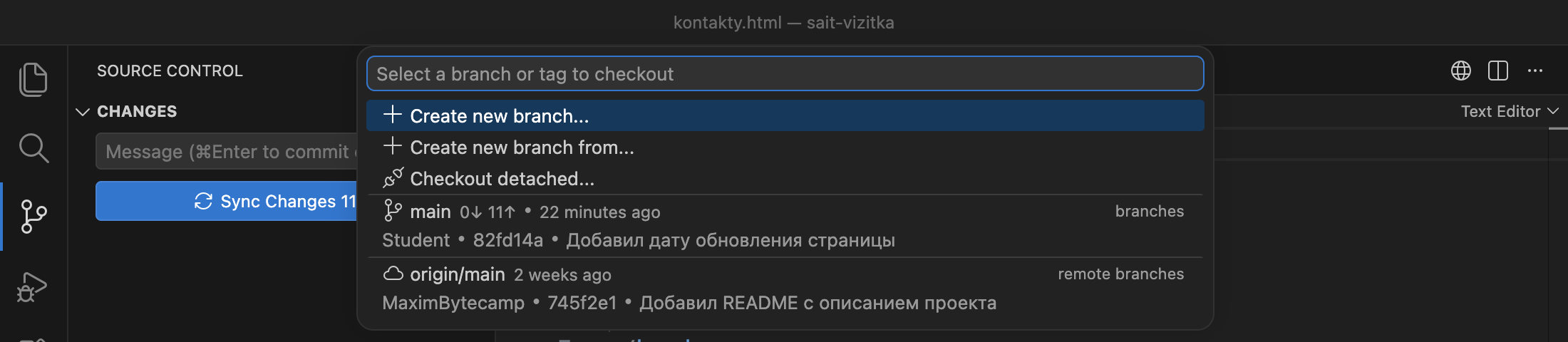 Список веток вверху окна, выбрана строка Create new branch