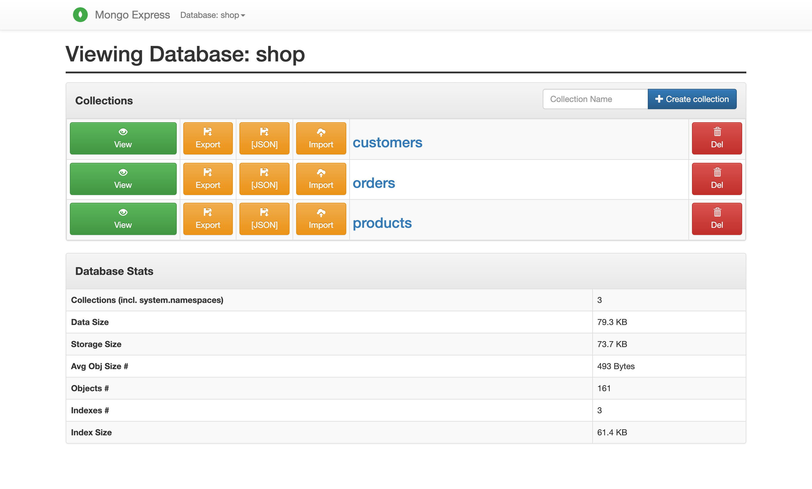 База shop в mongo-express: коллекции customers, orders, products