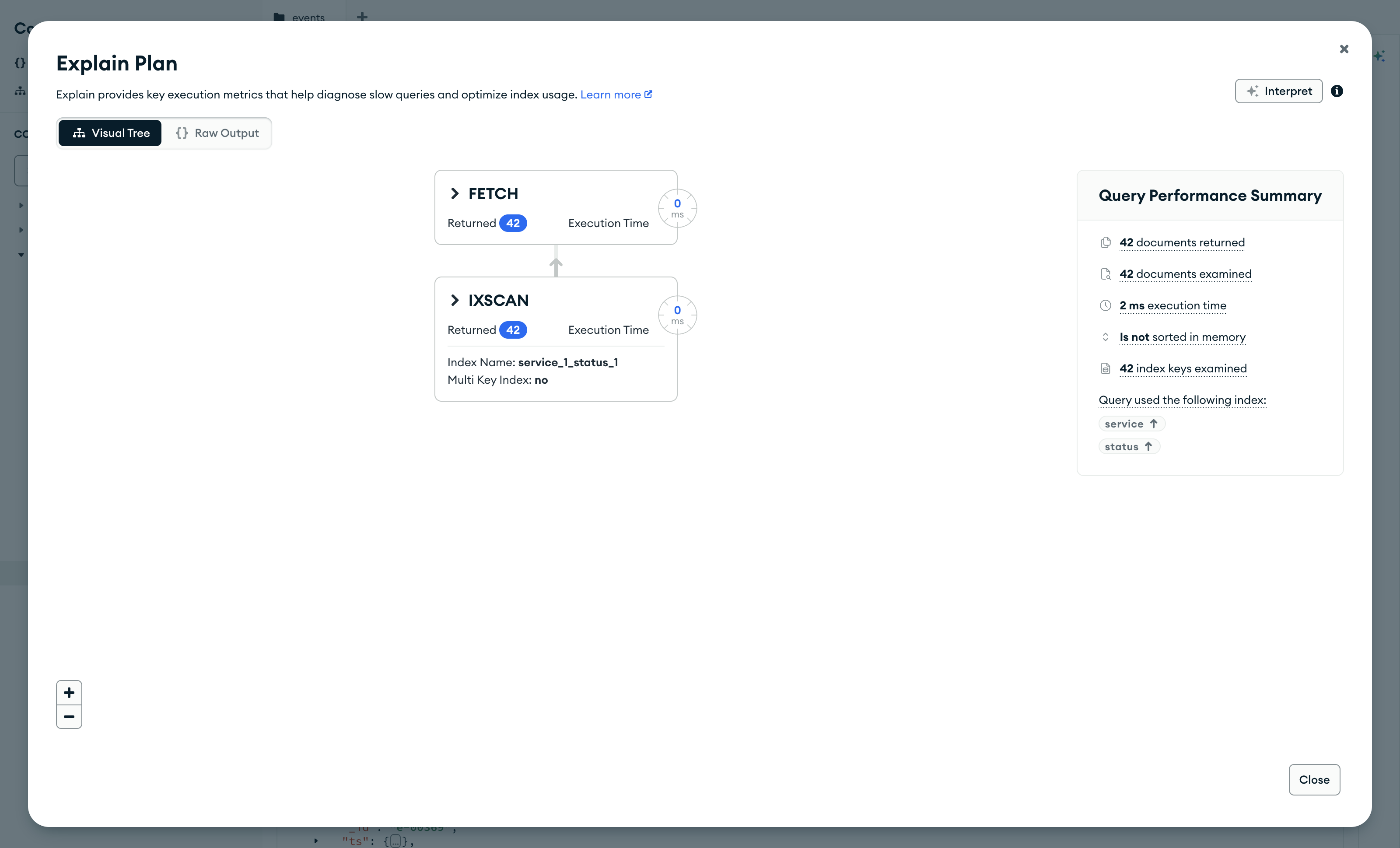 Compass, окно Explain Plan при двух индексах: FETCH и IXSCAN по service_1_status_1, 42 документа, 42 ключа