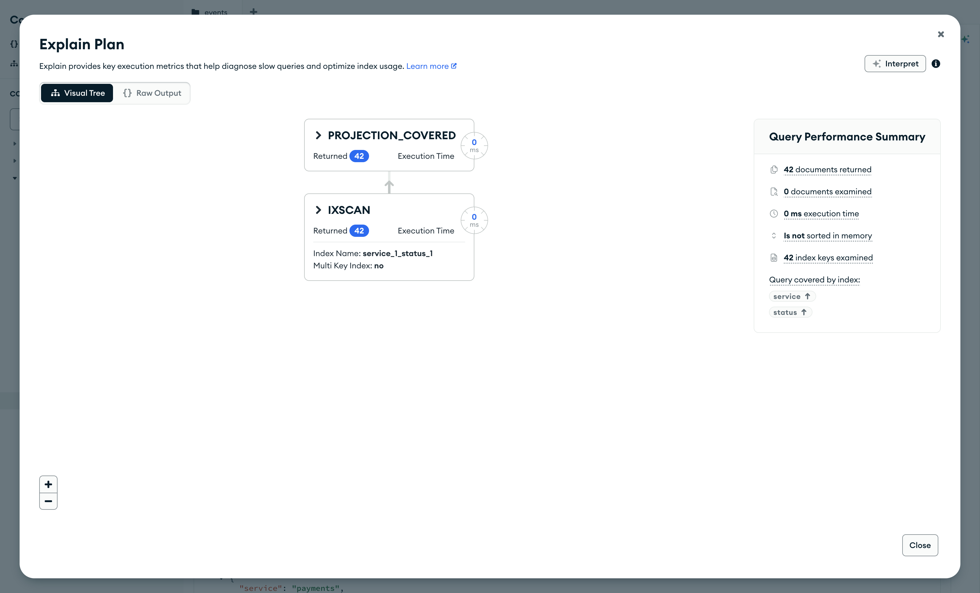 Compass, окно Explain Plan для покрывающего запроса: PROJECTION_COVERED над IXSCAN, 0 documents examined, Query covered by index service и status