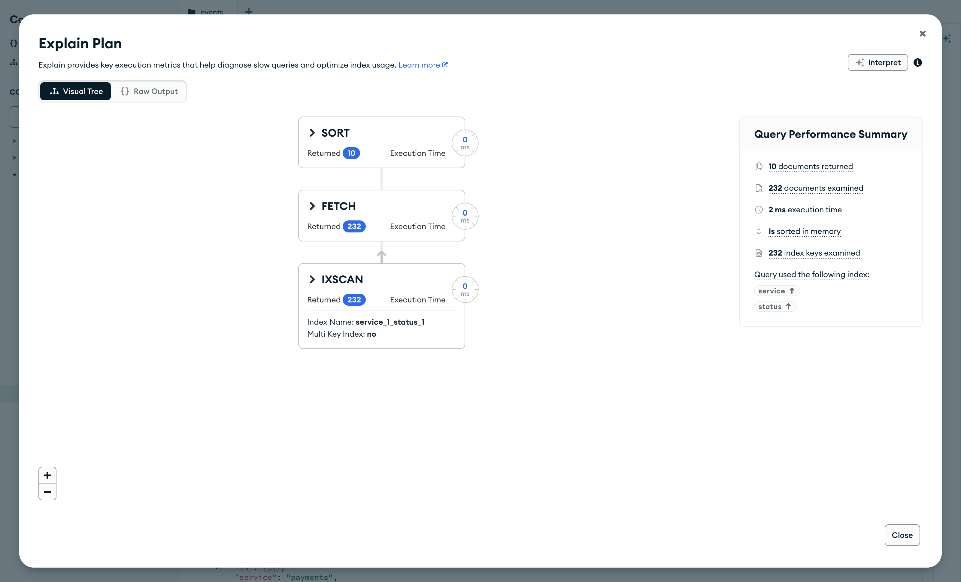 Compass, окно Explain Plan для запроса payments с сортировкой по ts и пределом 10: SORT вернул 10, FETCH и IXSCAN по 232, Is sorted in memory