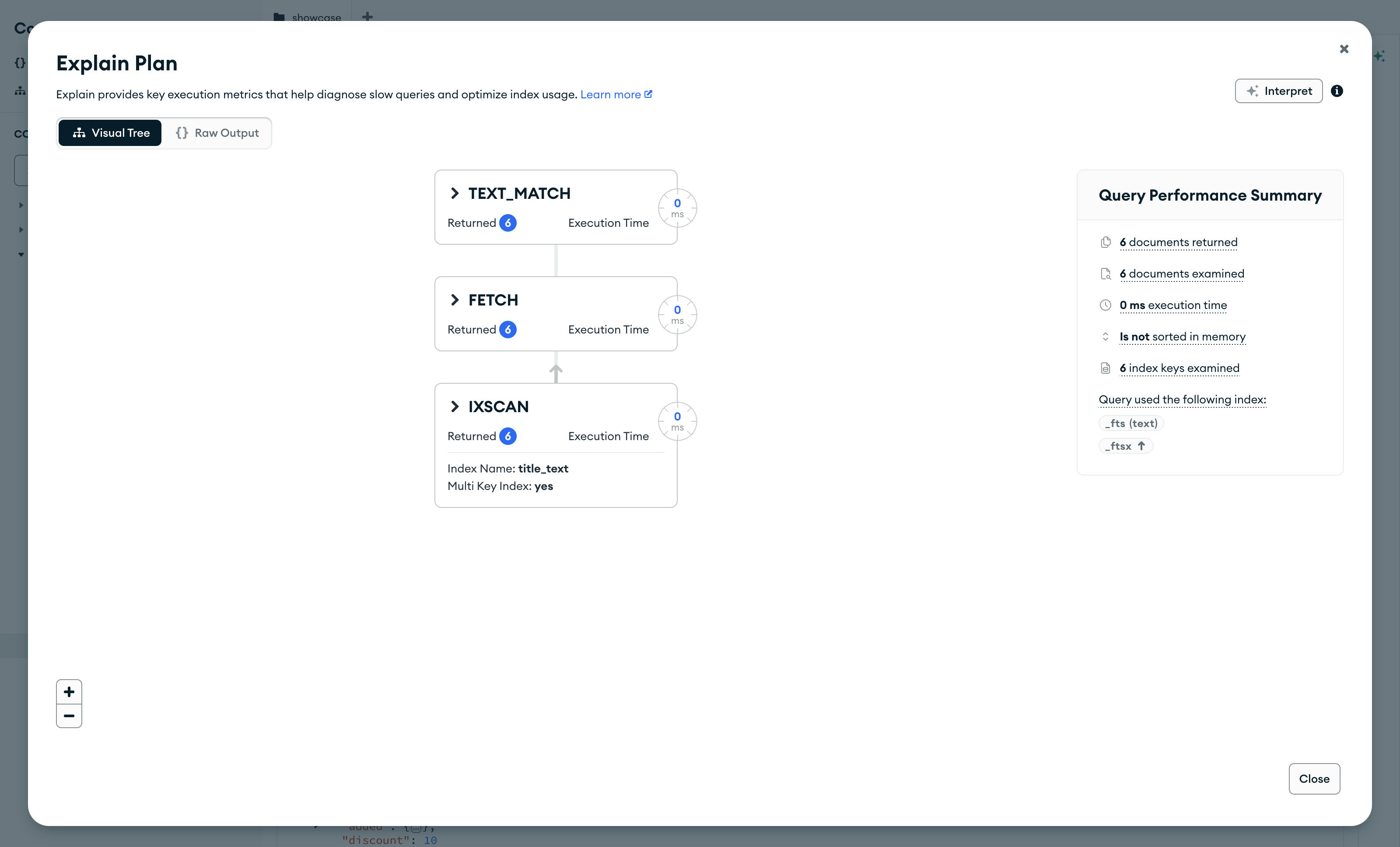 Compass, окно Explain Plan для $text ноутбук: стадии TEXT_MATCH, FETCH, IXSCAN по title_text, по 6 на каждой стадии, Multi Key Index yes, поля индекса _fts и _ftsx