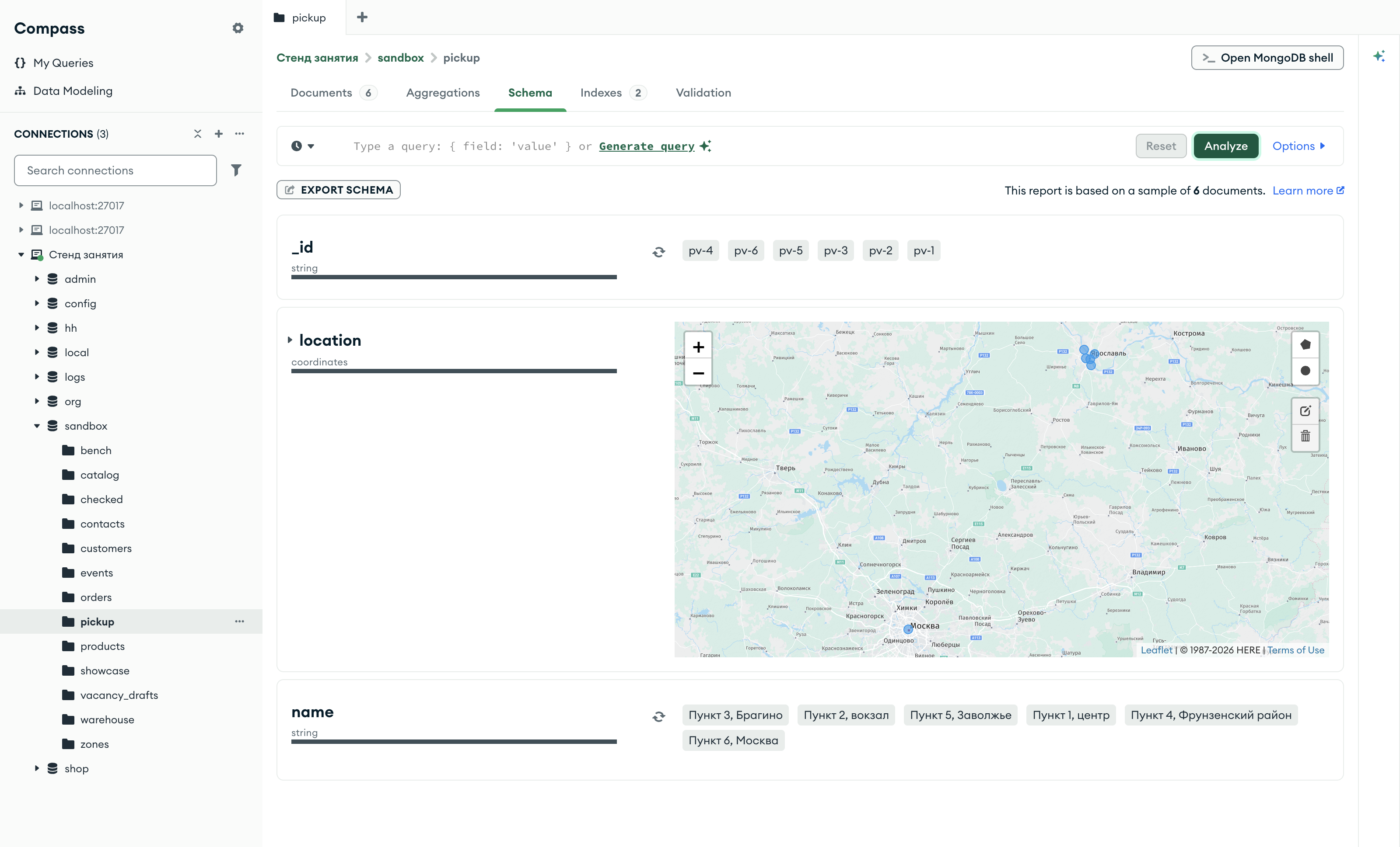 Compass, вкладка Schema коллекции sandbox.pickup: поле location с типом coordinates показано на карте, пять точек в Ярославле и одна в Москве