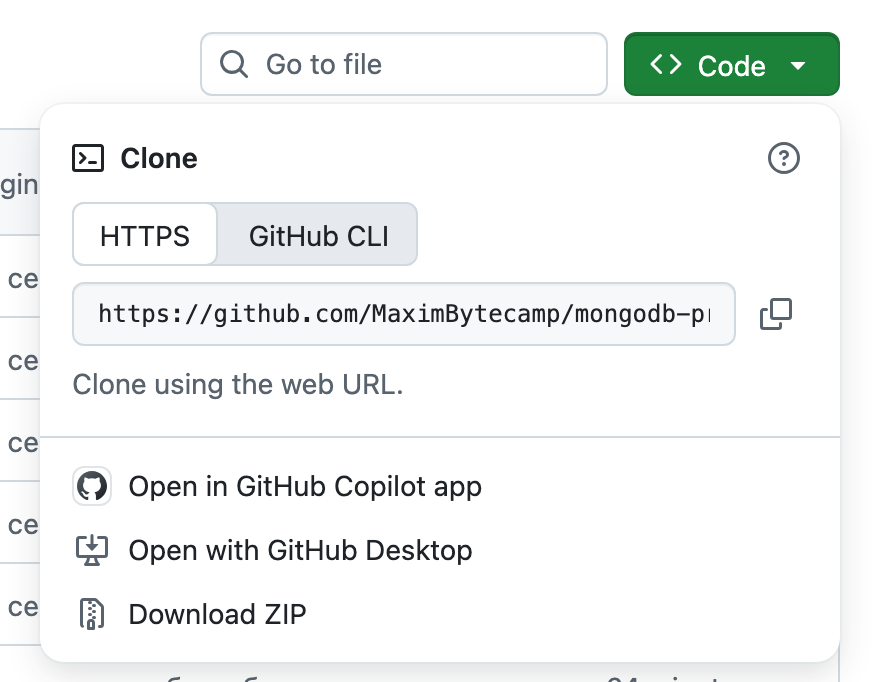 Меню кнопки Code на странице репозитория mongodb-practice: адрес для клонирования и пункт Download ZIP