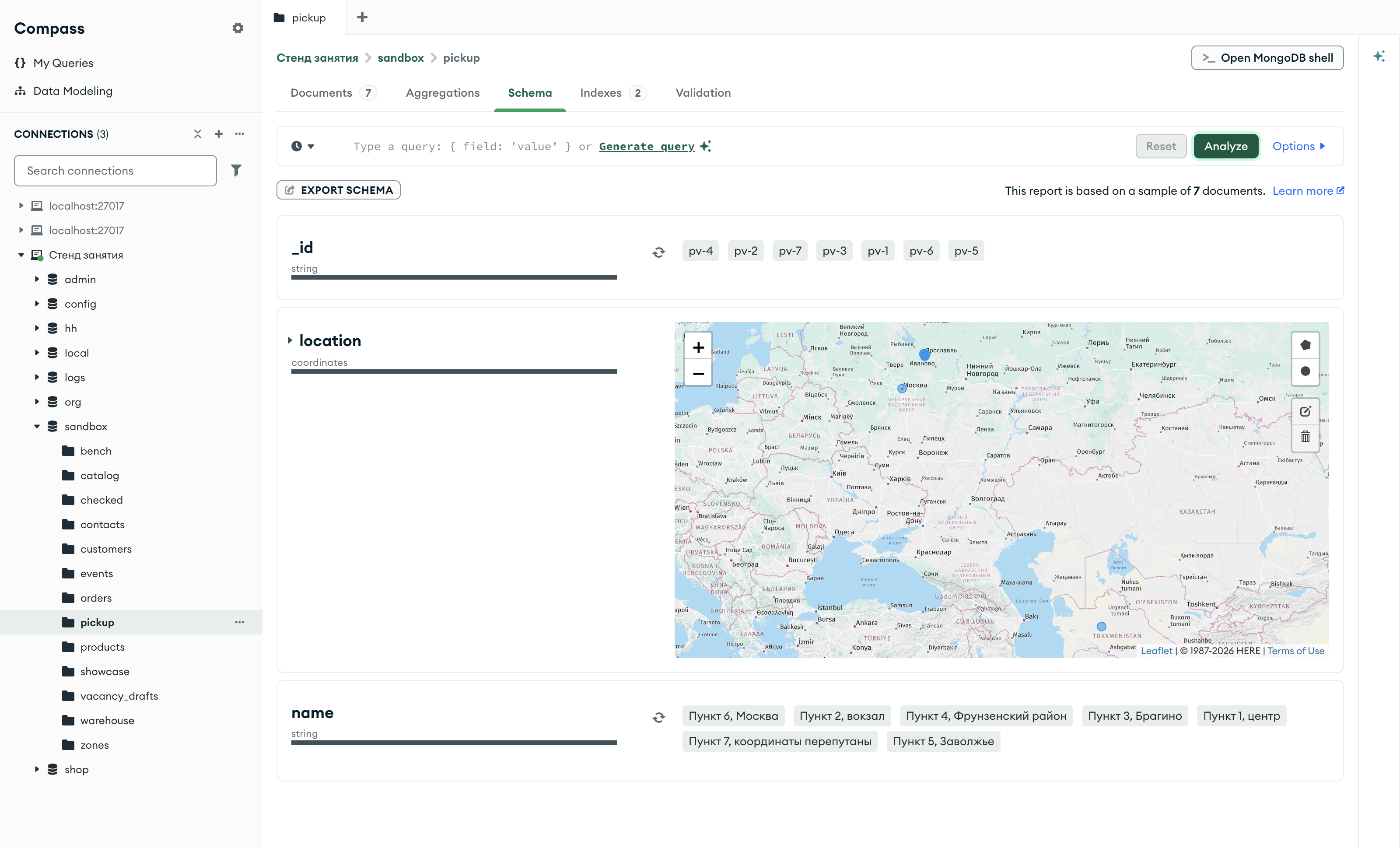 Compass, вкладка Schema после добавления пункта 7 с перепутанными координатами: точка на карте в Туркмении, у Ашхабада