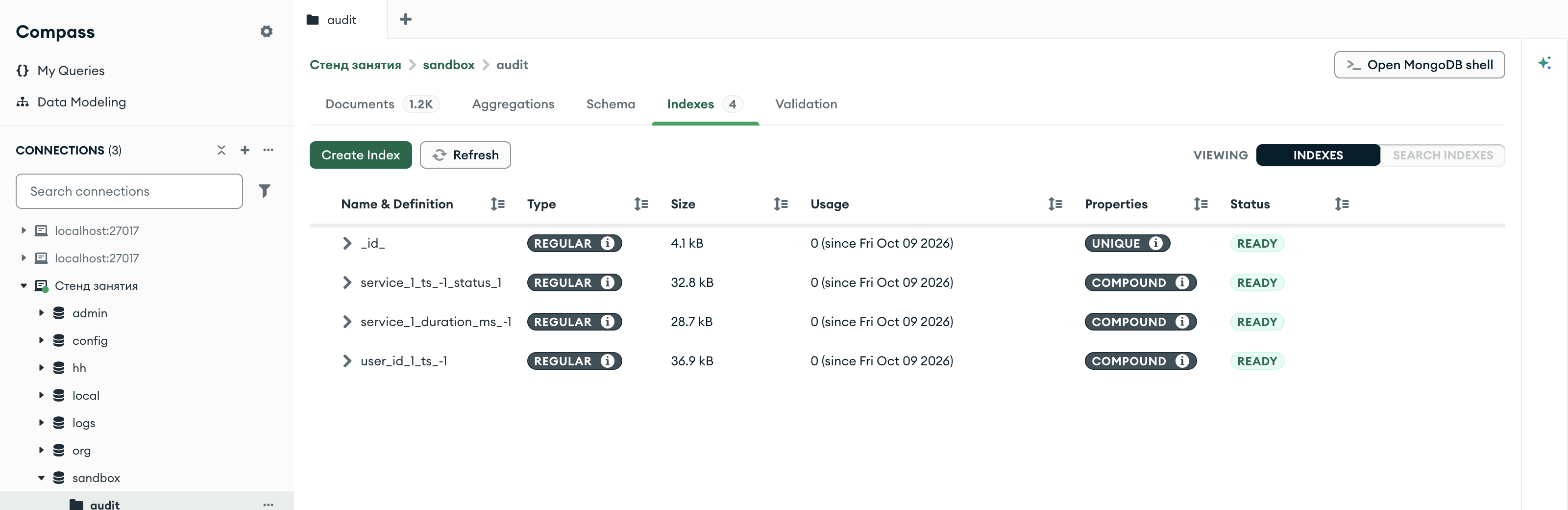Compass, вкладка Indexes коллекции sandbox.audit после скрипта: _id_ 4,1 kB и три составных индекса размером 32,8, 28,7 и 36,9 kB