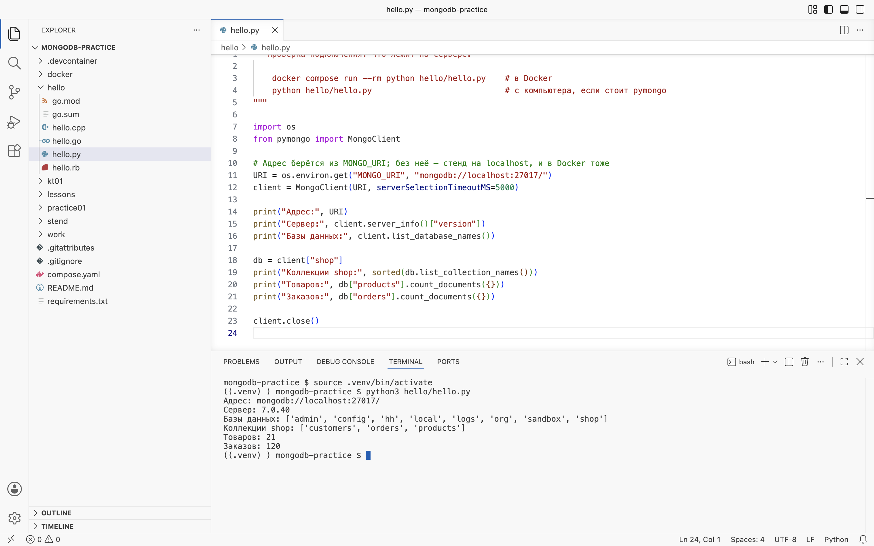 VS Code на macOS: <code>hello/hello.py</code> и его запуск в терминале