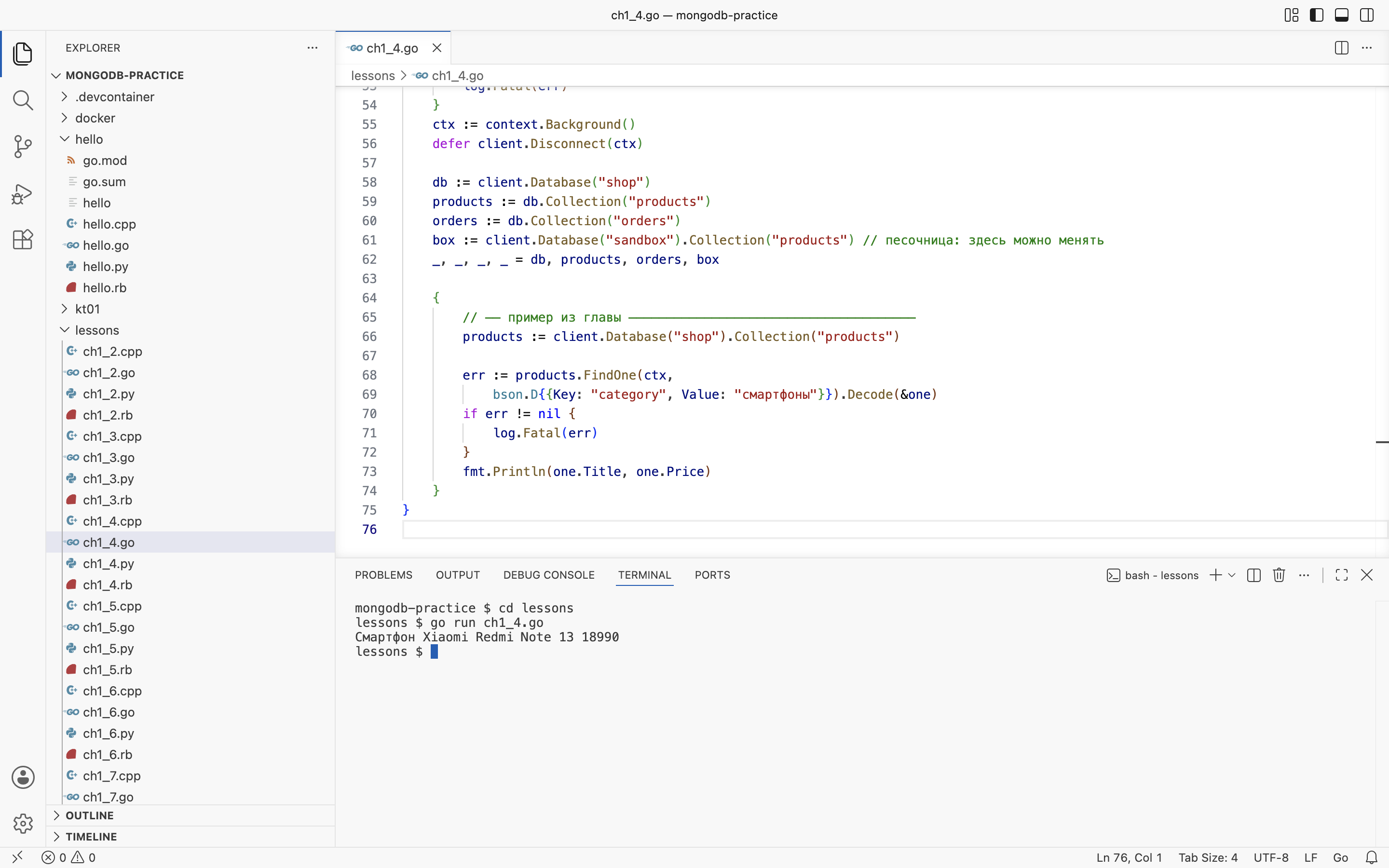 VS Code на macOS: пример главы 1.4 в <code>lessons/ch1_4.go</code> и его вывод