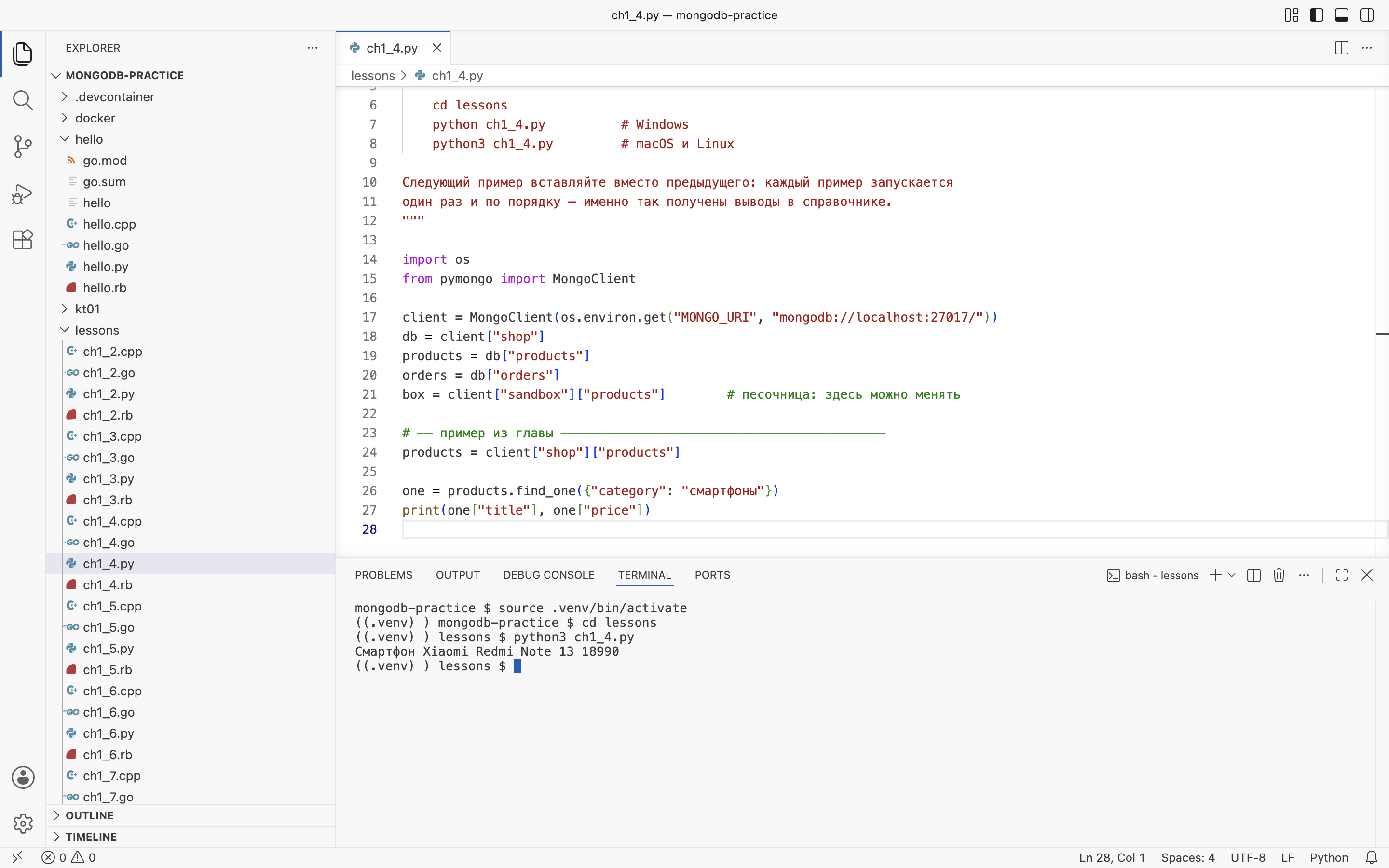 VS Code на macOS: пример главы 1.4 в <code>lessons/ch1_4.py</code> и его вывод