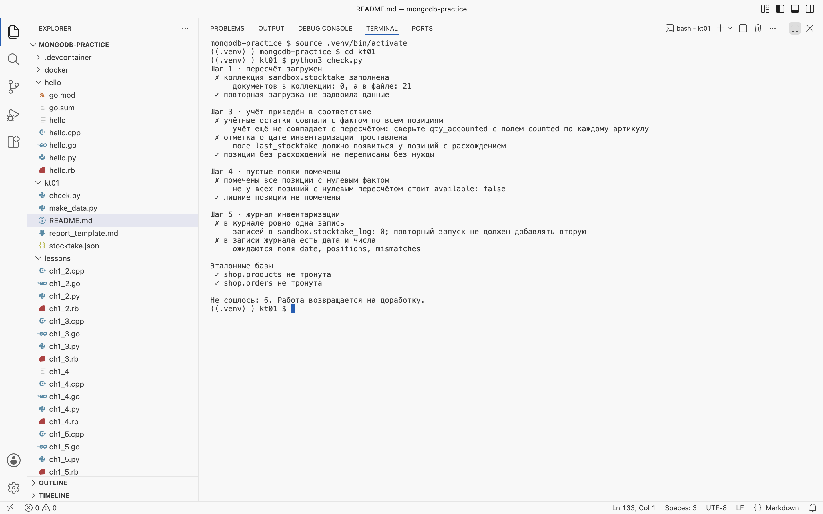 VS Code на macOS: запуск kt01/check.py до начала работы и его вывод