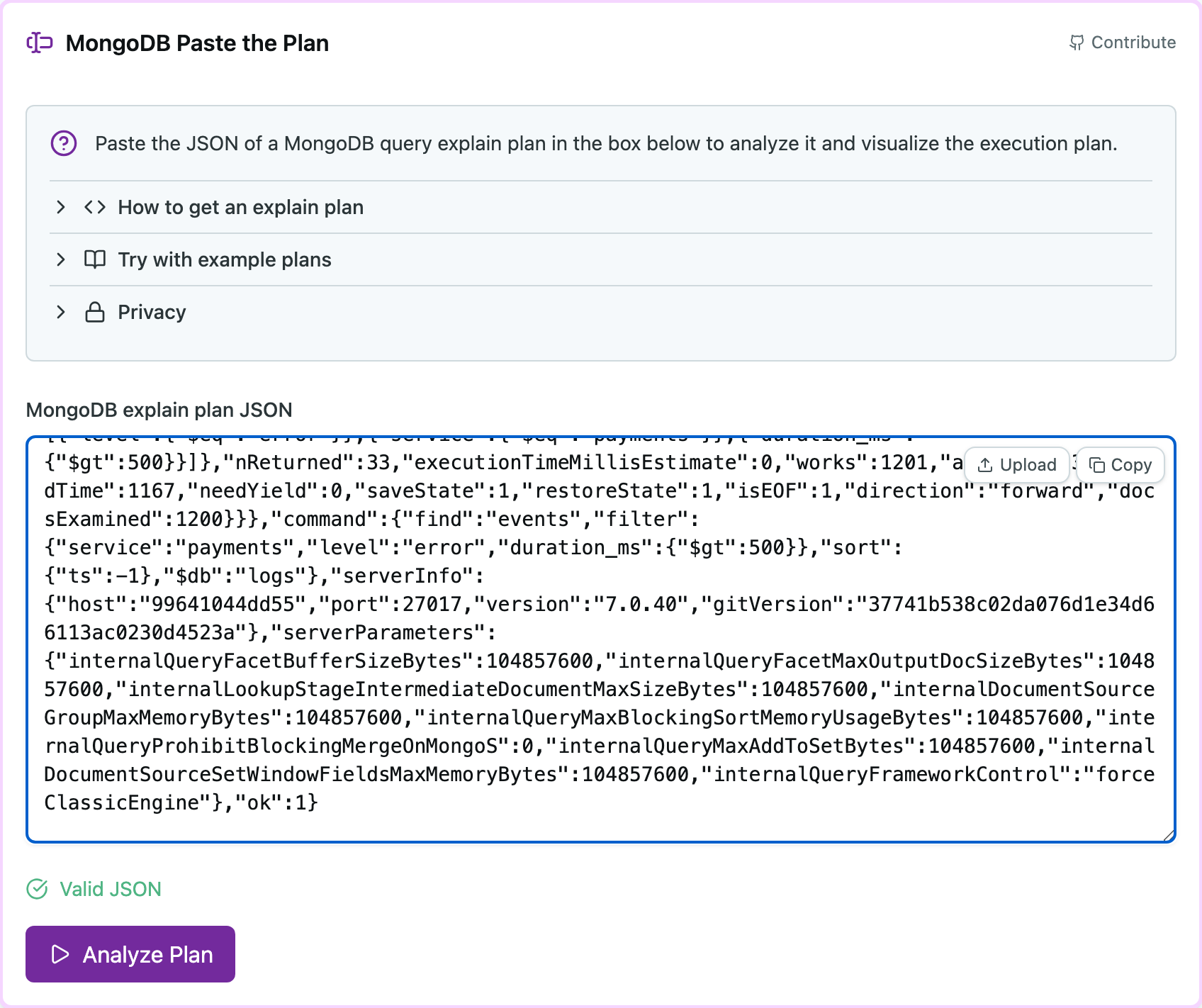 Поле ввода Paste the Plan: вставленный JSON плана, зелёная отметка Valid JSON, кнопка Analyze Plan