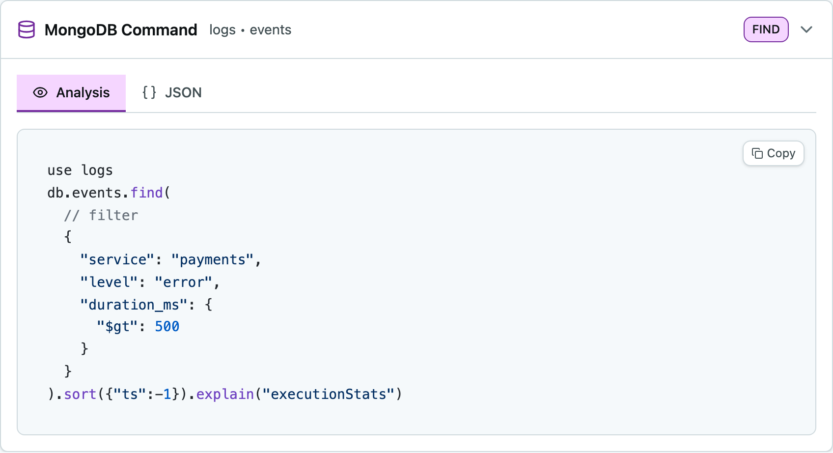 Карточка MongoDB Command: база logs, коллекция events, восстановленный запрос find с фильтром и сортировкой
