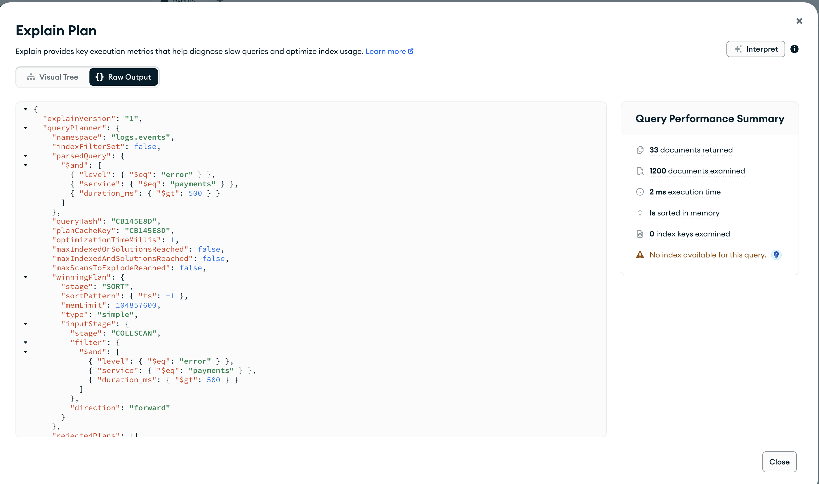 Окно Explain Plan, вкладка Raw Output: полный JSON плана и кнопка Copy